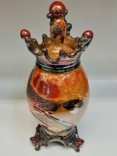 #221284 Raku Glitter Glaze Lidded Urn  $225 at Hunter Wolff Gallery